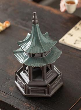 大号中式创意陶瓷六角亭禅意茶空间鱼缸假山流水造景设计装饰摆件