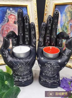 树脂杯蜡烛台黑色手OK造型太阳月亮眼睛花纹香插熏香摆件居家欧式