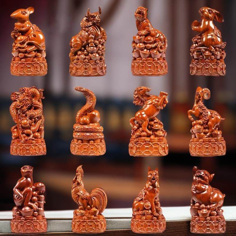 花梨木雕摆件十二生肖全套实木质鼠牛虎兔龙蛇马羊猴鸡狗猪工艺礼,家居饰品,桌面摆件,淘宝优惠券,粉丝福利购,淘宝优惠卷