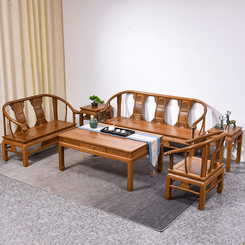 红木家具鸡翅木原木沙发茶几组合新中式客厅小户型六件套实木整装图片