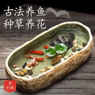 古法鱼缸造景古法养鱼陶缸造景鱼缸乌龟缸混合养精致小鱼缸装饰