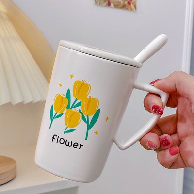 马克杯可爱郁金香花朵茶杯女牛奶咖啡陶瓷水杯高颜值杯子礼袋套装