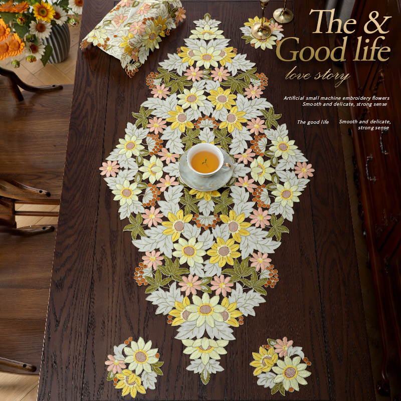 桌旗桌垫桌布电视柜盖巾田园布艺刺绣美式中式尖角椭圆长方向日葵