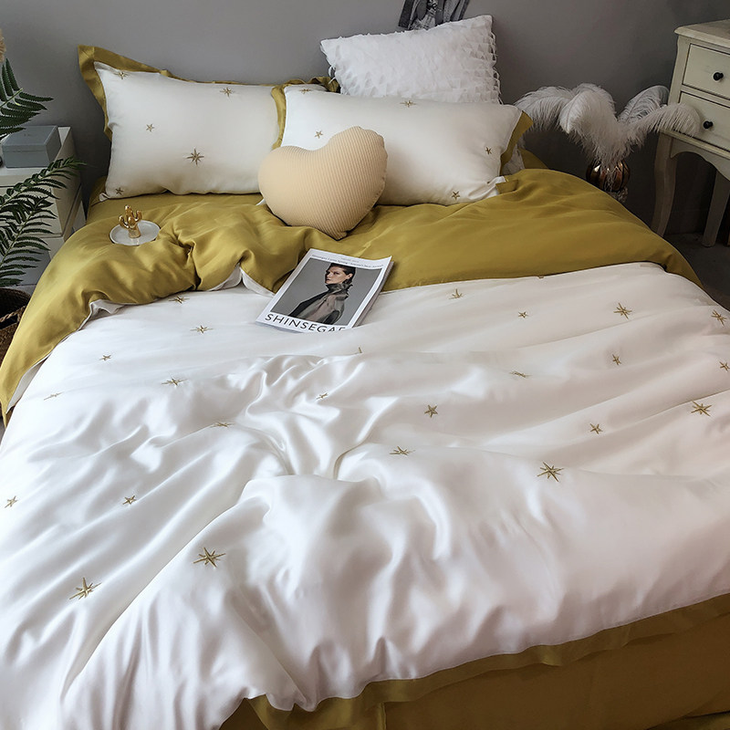 夏季裸睡80支双面天丝四件套 简约星星刺绣双面丝滑纯色床上用品