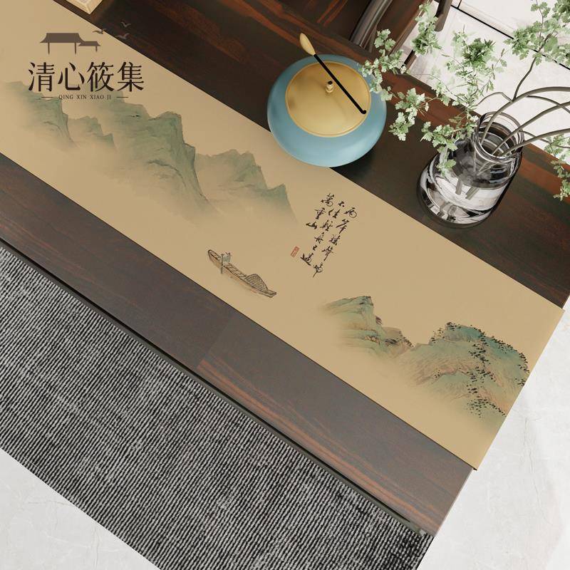 中式茶席桌旗防水布艺古风山水风景茶道茶台茶室配件桌布禅意国画