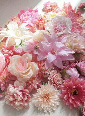 绢仿真玫瑰网花头粉花色系大小花朵混搭装红瀑布花墙悬54710浮花