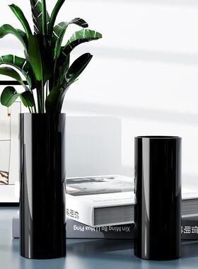 简约黑白色地圆口玻璃花瓶落水培插花花瓶直酒筒店样板房67515装