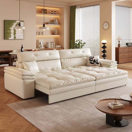 尚维思奶油风零靠墙电动多功能沙发头层牛皮可调节直排真皮沙发床