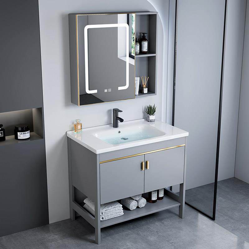 新款太空铝落地式洗手盆浴室柜组合洗脸盆卫生间一体陶瓷盆洗漱台