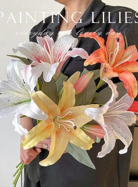 50cm长枝仿油画色百合摆花假花真花客电视柜花厅艺餐桌花14351插