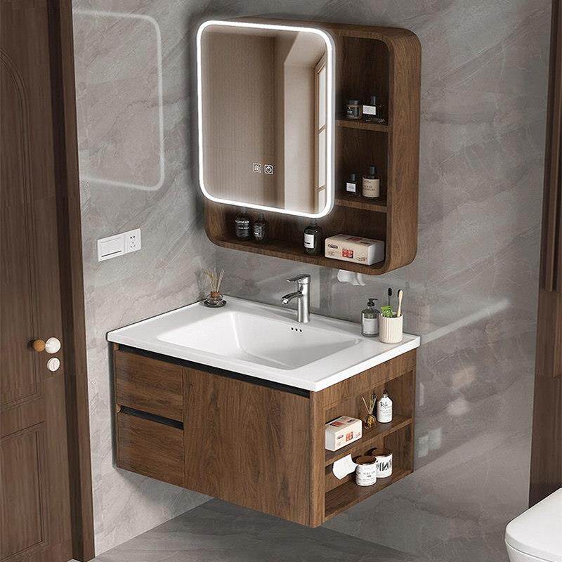 中古风胡桃木色蜂窝铝侧边柜浴室柜组合卫生间陶瓷一体洗手洗脸台