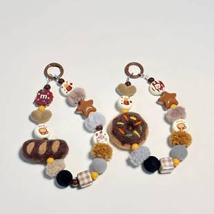 美式复古咖色系M豆毛毡面包包挂件重工手机链挂绳钥匙扣ccd挂饰女