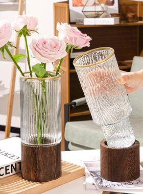 简约创意木玻璃花托直筒瓶91120银柳插花瓶富贵竹大干花瓶客厅装