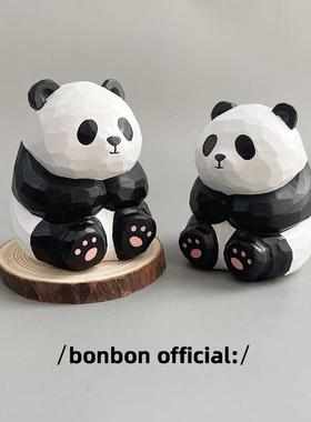 手工木雕熊猫摆件软萌愈36710可爱电面脑办公桌装饰汽车车载生日