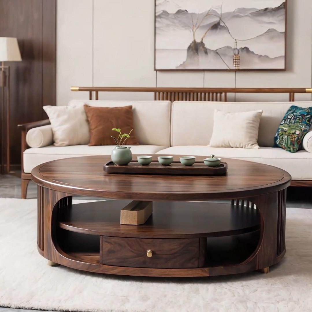 新中式北美黑胡桃木茶几禅意椭圆形小户型实木茶桌咖啡桌客厅矮桌