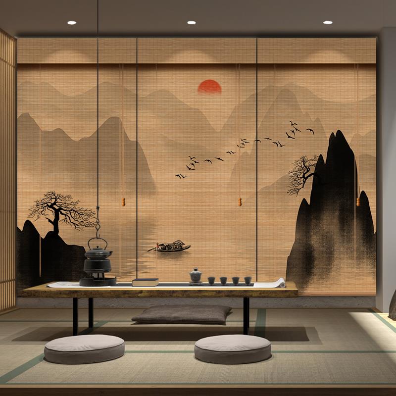 新中式免打孔竹帘禅意山水印花卷帘茶室遮阳遮光防水隔断装饰窗帘