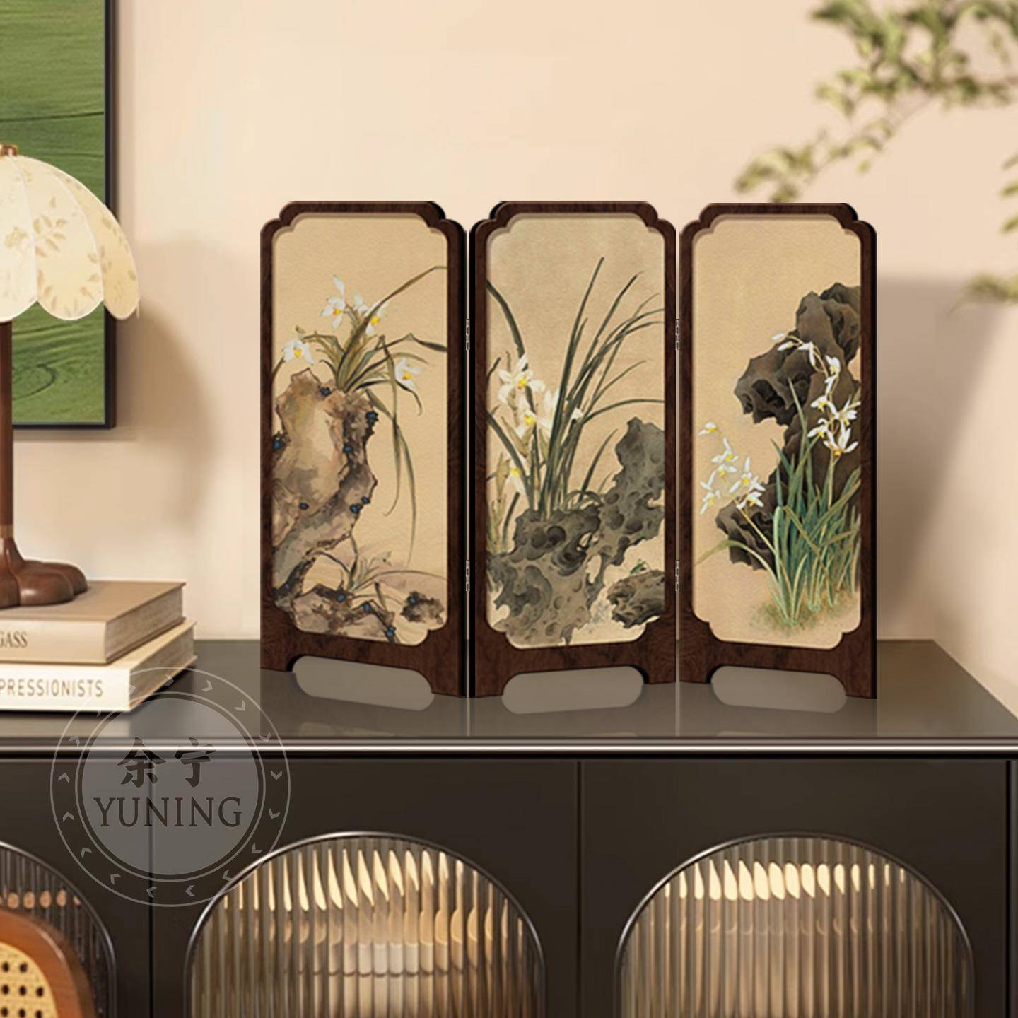 中古风墨竹小屏风桌面摆件新中式办公室茶桌玄关柜装饰品复古摆画