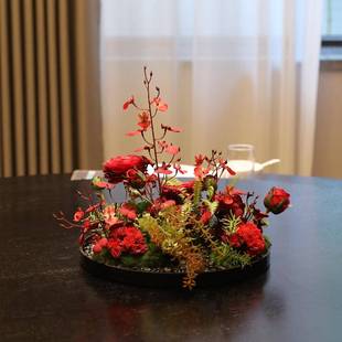 高档宴会间餐桌花摆花酒假12212店大圆桌彷真花转盘中摆件花小包