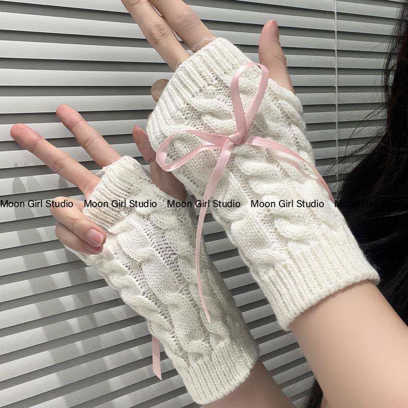 月球少女日系辣妹蝴蝶结针织手套女秋冬保暖防寒毛线半指长款袖套