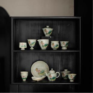 粉引手绘荷花二才盖碗泡茶壶手工粗陶功夫茶具公道杯品茗杯茶杯