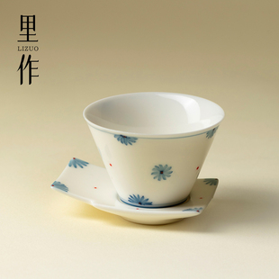 里作 青花手绘茶杯杯垫整套杯创意釉下彩蓝蕊映雪品茗杯茶具单杯