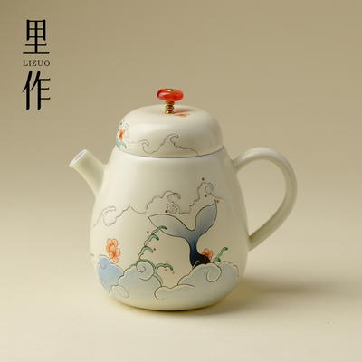 里作三秋月手绘大鱼之夏茶壶景德镇全手工粉彩泡茶壶带过滤泡茶器