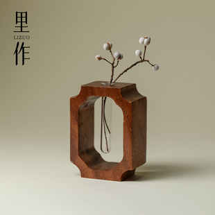 里作胡桃木实木小花器创意插花摆件简约玻璃植物花插迷你水养花瓶
