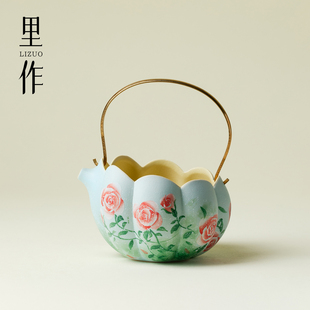里作纯手绘玫瑰漫花公道杯防烫铜提梁茶海分茶器精致女士沏茶公杯