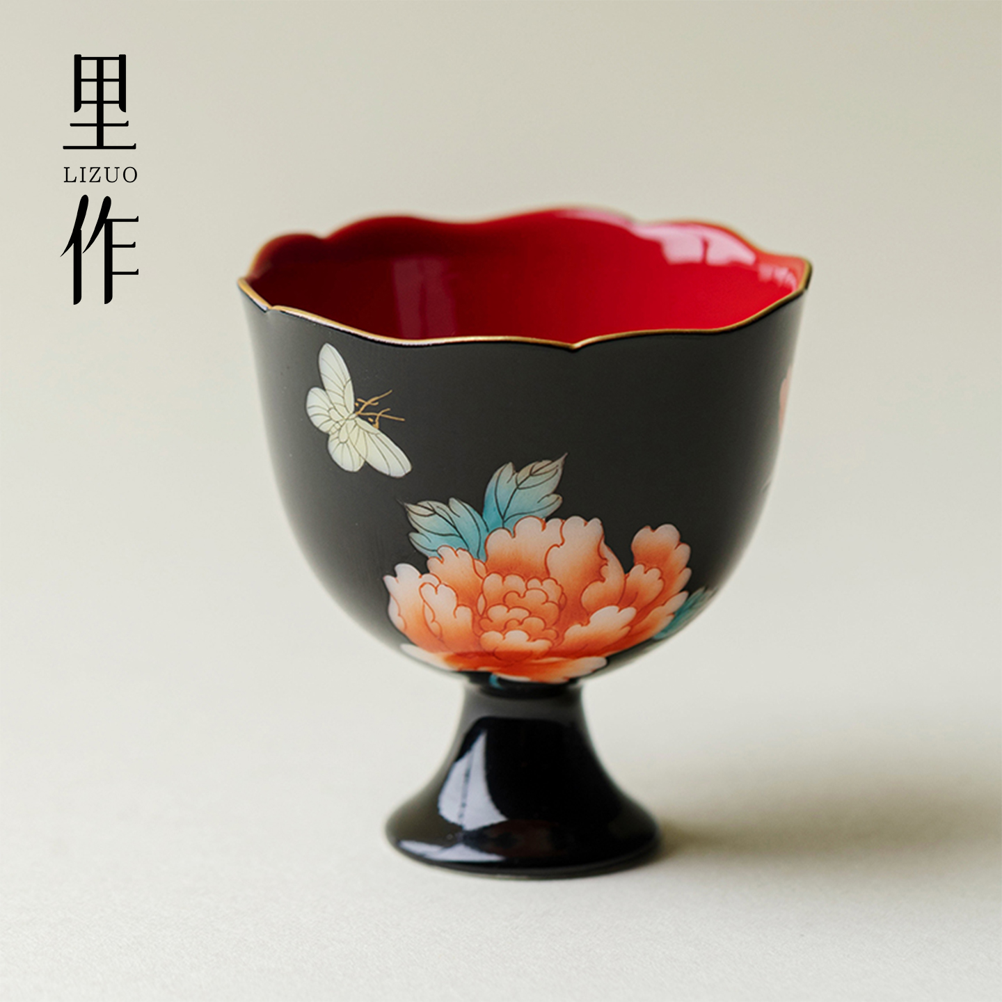 雅同集原创纯手工黑地粉彩手绘牡丹花高足花口杯景德镇茶具主人杯