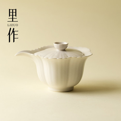 里作复古草木灰花口盖碗