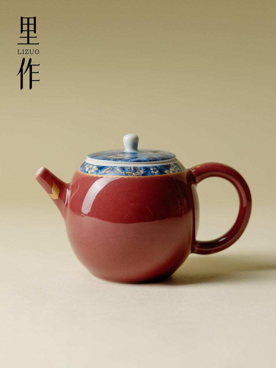 李左中国红蝴蝶莲花茶壶景德镇上等蓝白茶壶功夫茶具单壶过滤