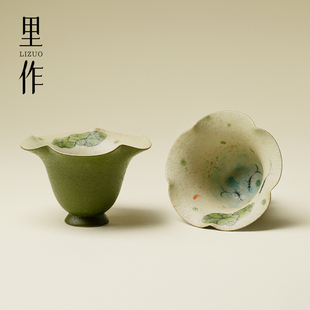 里作高端功夫茶具火石红手绘荷鱼流云花口茶杯个人专用主人杯单杯