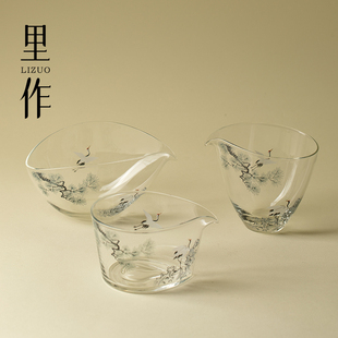 高端玻璃墨彩松鹤公道杯精致透明高硼硅分茶器功夫茶具茶海 里作