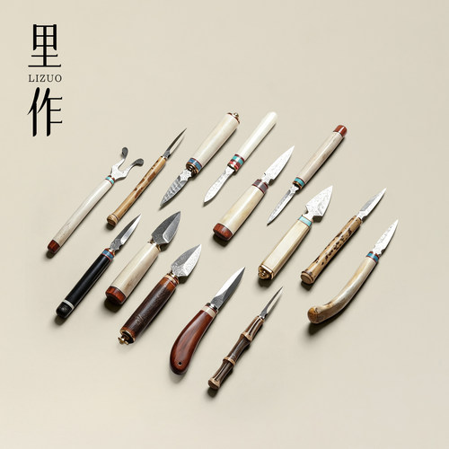 里作大马士革钢手工高档茶刀