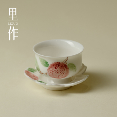 里作手绘长安的荔枝茶杯杯垫套杯整套釉下粉彩陶瓷品茗杯陶瓷单杯