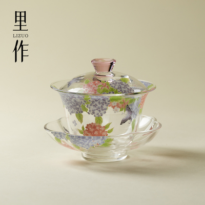 里作锦簇绣球新中式三才盖碗高颜值纯手工敬茶碗高硼硅玻璃喝茶碗