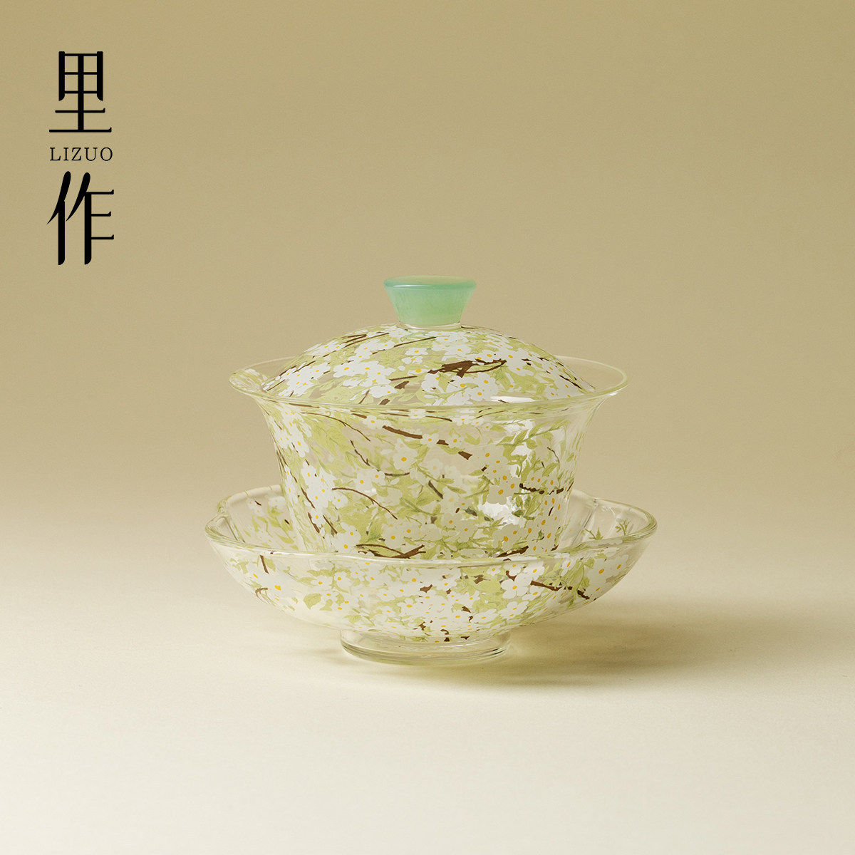 里作梨絮玻璃三才盖碗高硼硅耐热小清新功夫茶具泡茶碗带底托茶碗