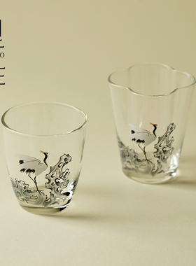 里作新中式墨彩松鹤玻璃茶杯高端高硼硅主人杯单杯高透耐热品茗杯
