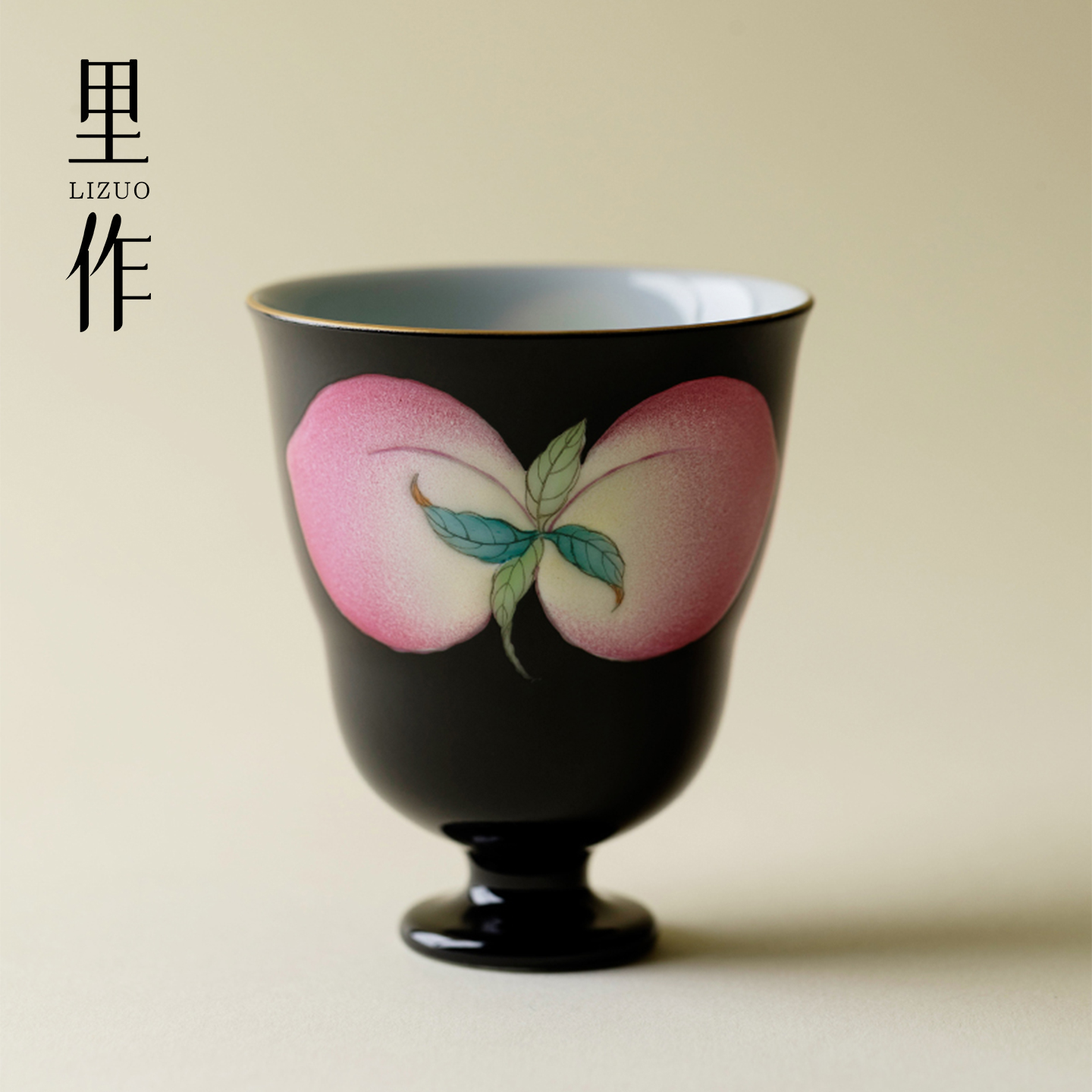 雅同集高端黑地粉彩手绘仙桃高足杯景德镇精致女士茶杯女神主人杯