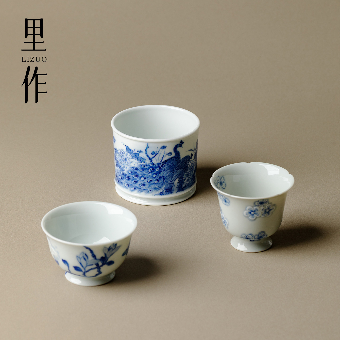 青堂造物 青花手绘孔雀主人杯压手杯景德镇陶瓷玉兰茶杯功夫茶具