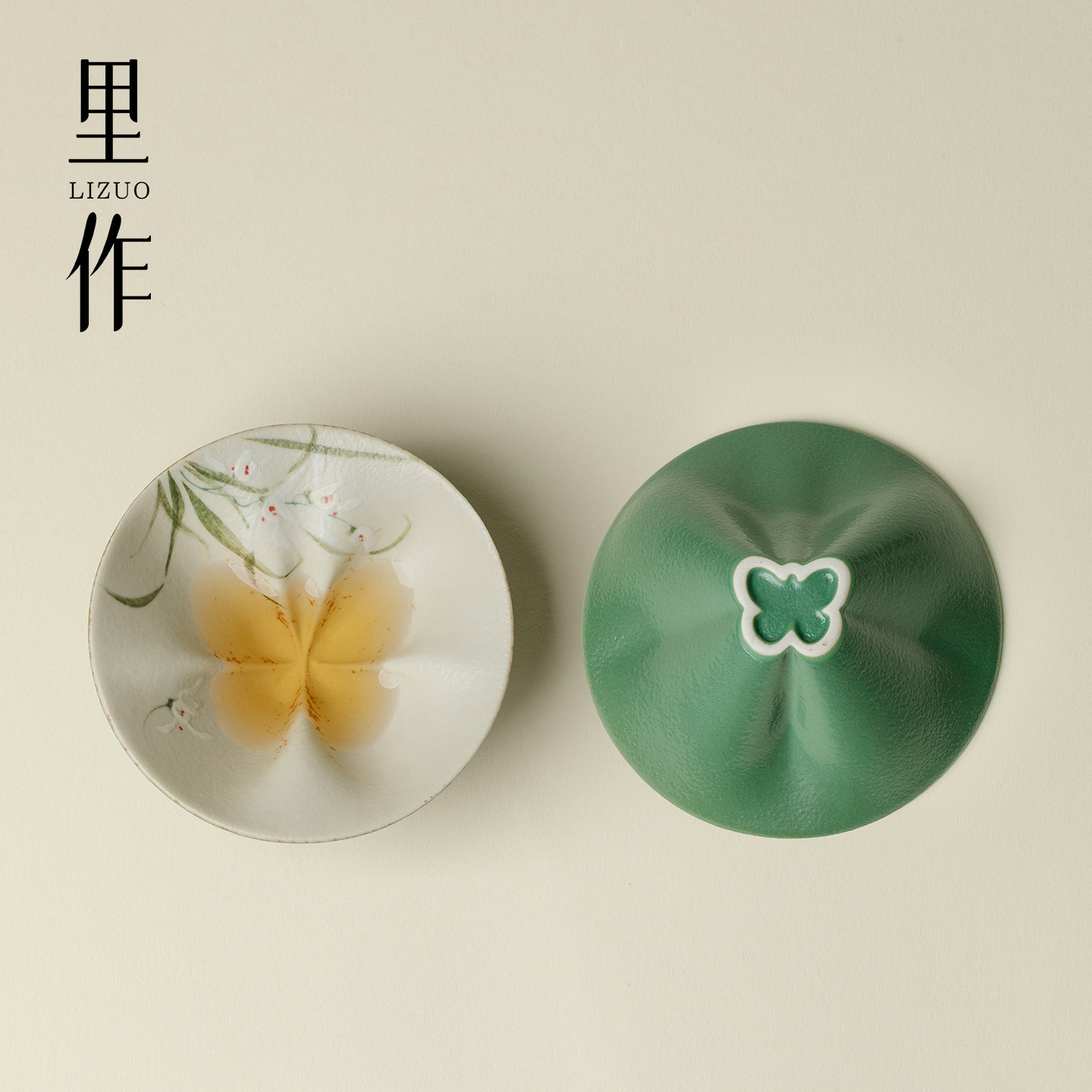 里作森绿幽兰主人茶杯陶瓷手绘景德镇手工蝴蝶乾坤杯精致中式茶盏