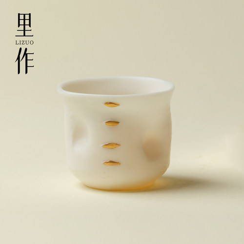 里作羊脂玉鎏金锔钉茶杯纯手工中式简约主人杯高档创意家用品茗杯