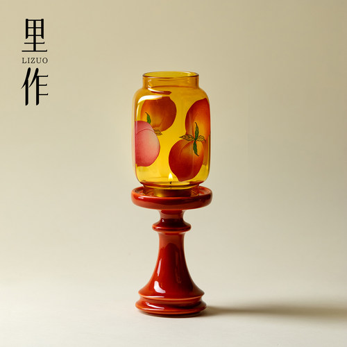 里作粉彩春桃明清烛台玻璃新中式茶道摆件香薰蜡烛烛台茶室气氛灯
