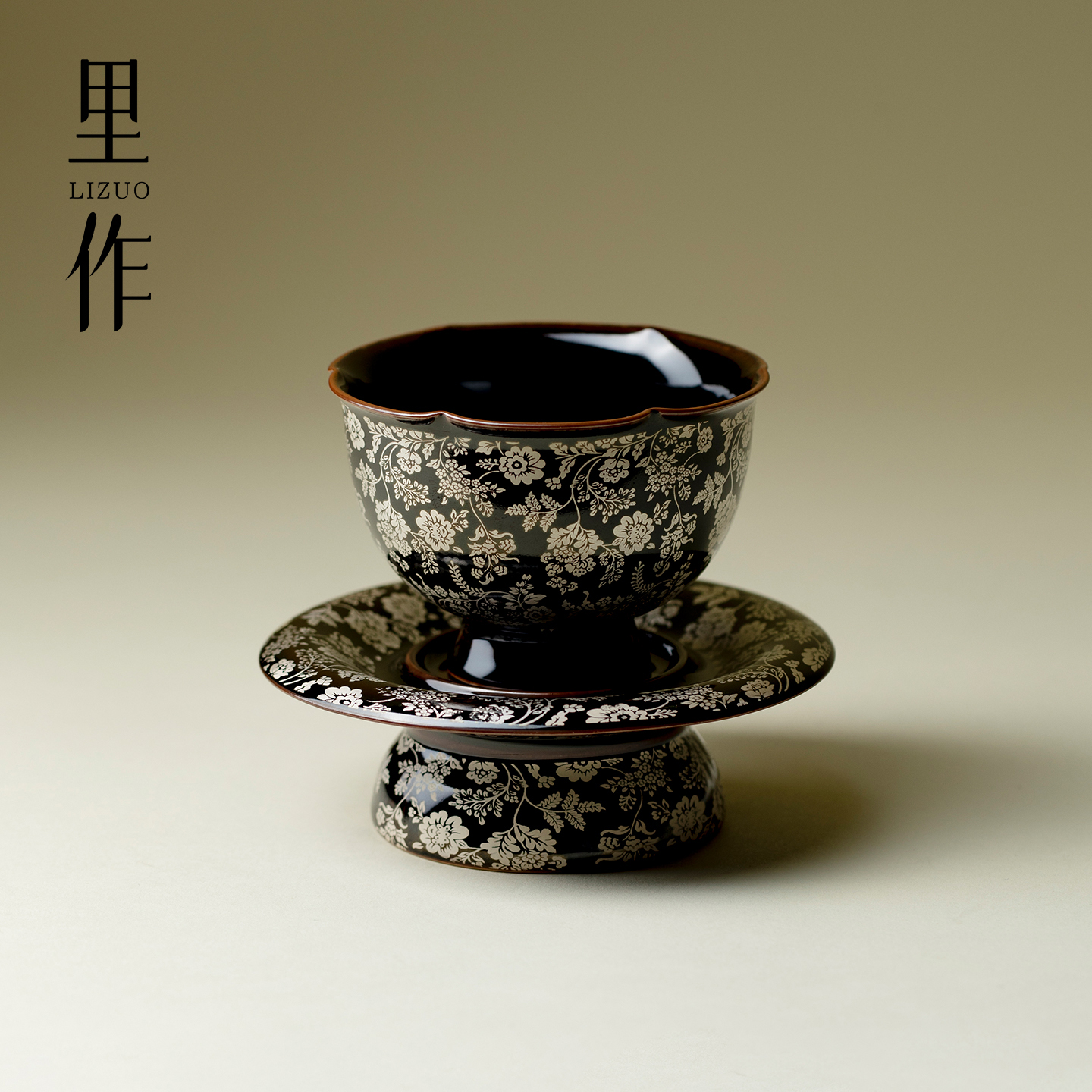 里作 整套黑金釉纯银彩缠枝莲茶盏仿宋茶杯垫套杯高端手工主人杯
