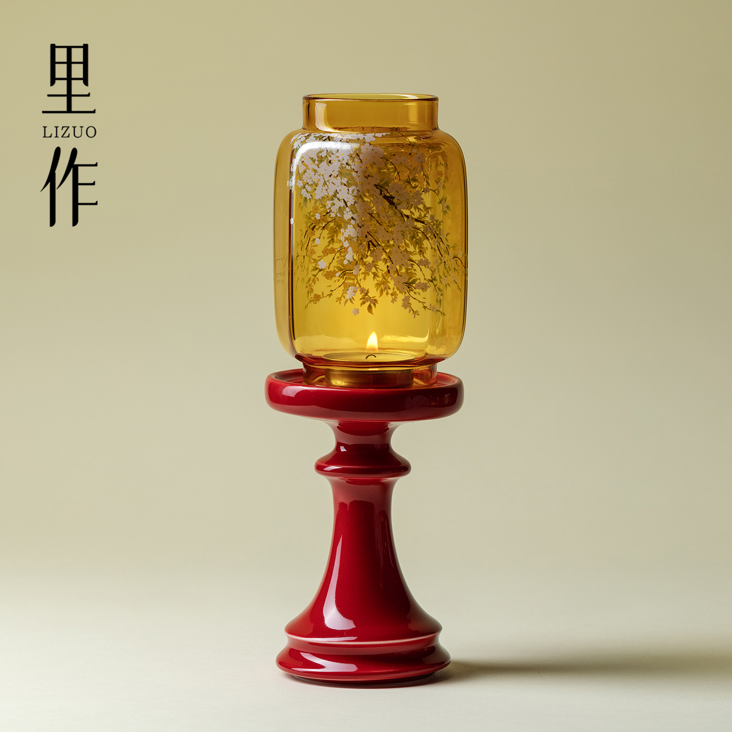 里作原创故宫红玻璃手绘烛台