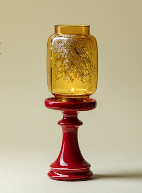 里作原创故宫红玻璃手绘烛台新中式禅意蜡烛摆件茶室中古风氛围灯