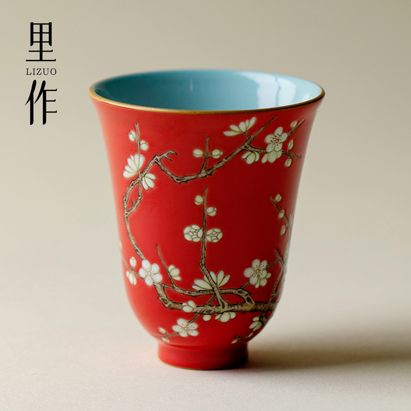 雅同集红地粉彩纯手绘梅花主人杯景德镇高端陶瓷全手工茶杯品茗杯