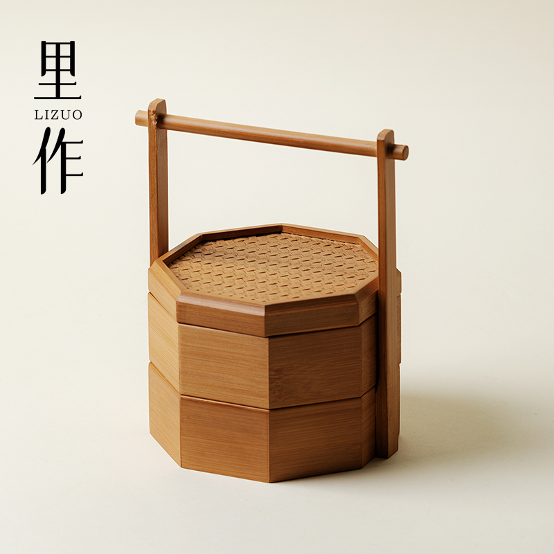 里作 创意竹制双层八角收纳盒食盒便携干果零食小提篮盒茶点心盒