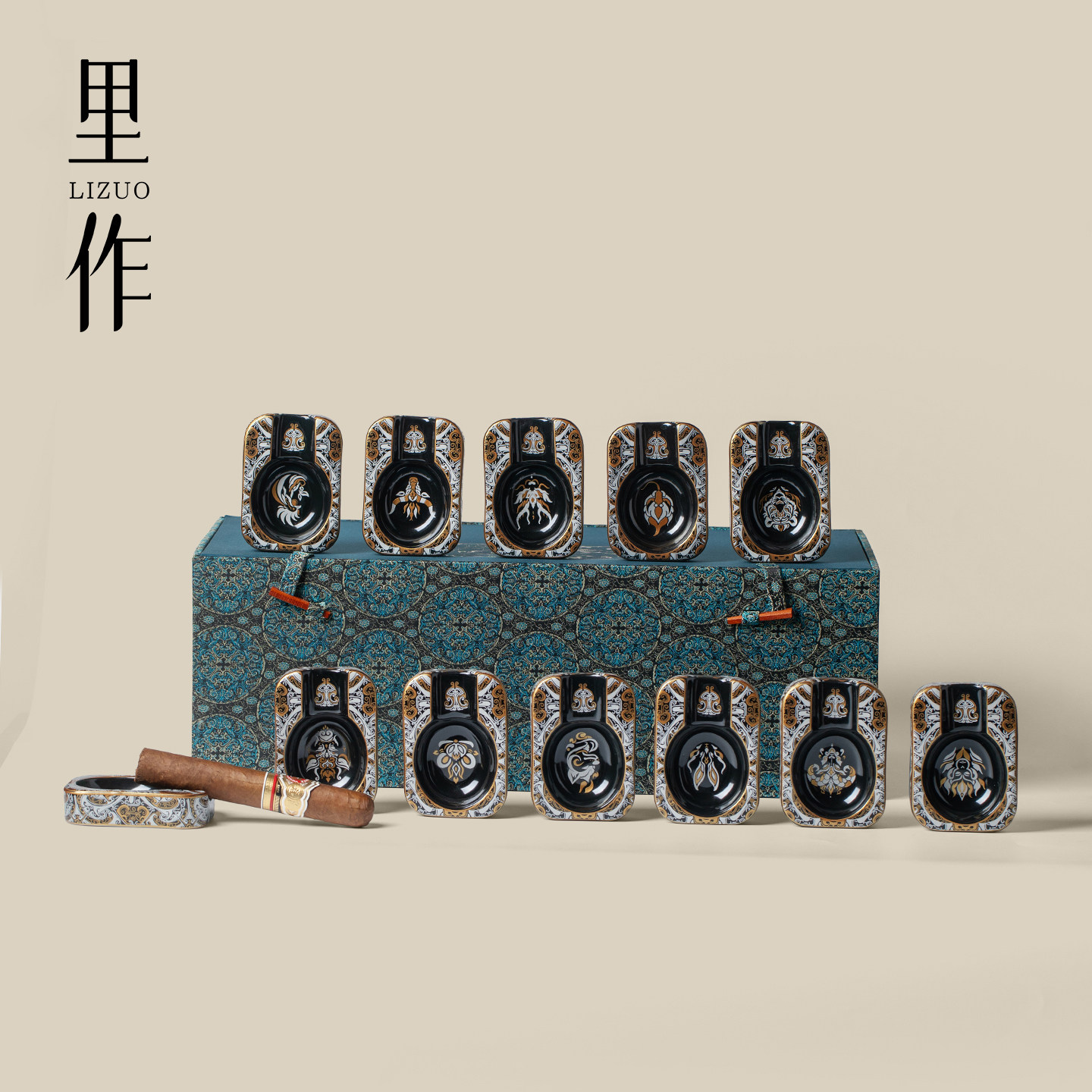 里作 缠纹雅叙陶瓷烟灰缸十二生肖方池雪茄缸家用高档烟缸礼盒装