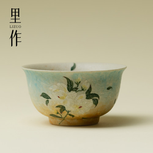 里作青花火石红主人杯纯手绘栀子花单杯手工茶盏家用陶瓷喝茶杯子